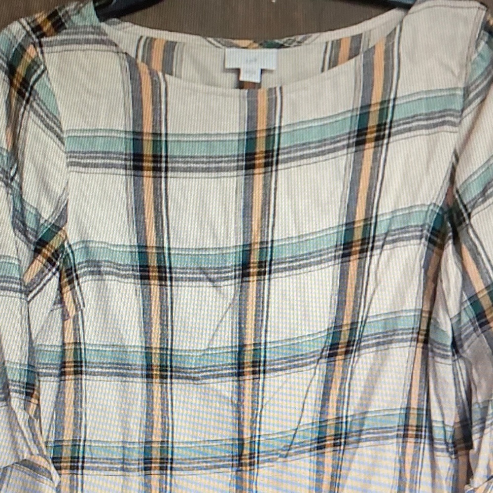 J. Jill Plaid Boatneck Blouse in Cream, Teal & Tan